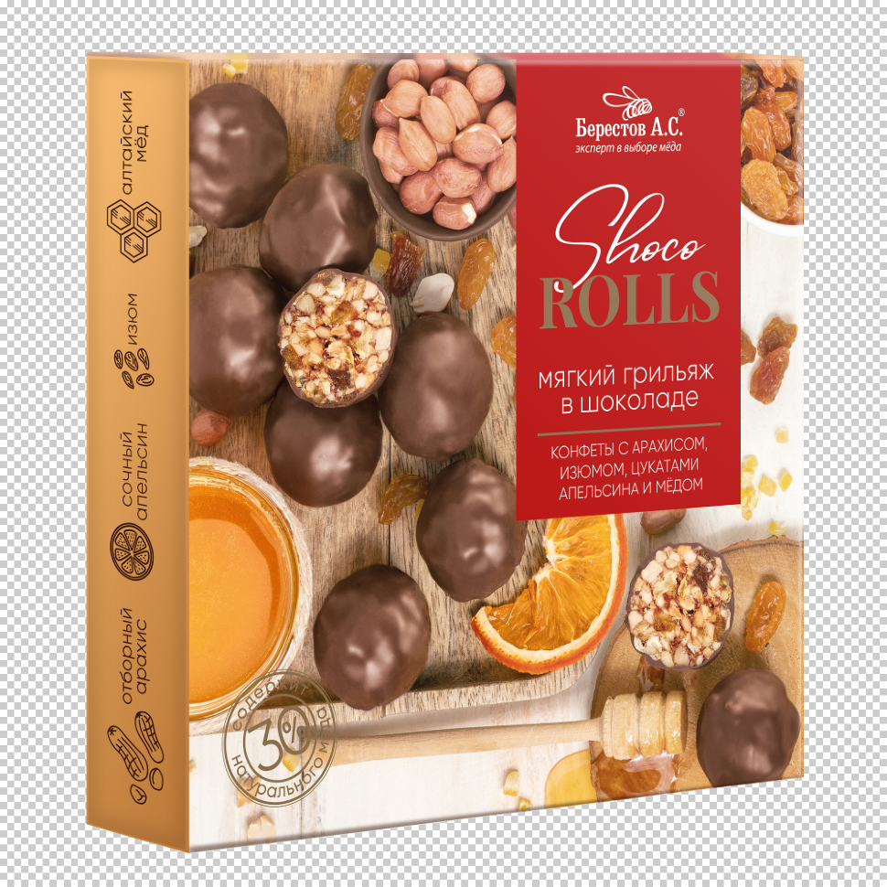  Берестов Shoco Rolls конфеты с арахисом, изюмом, цукатами апельсина и медом,  135г в Усинске